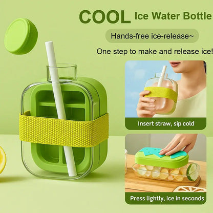 Portable Ice Cube Bottle with Straw – Press to Release, Leak proof, BPA-Free