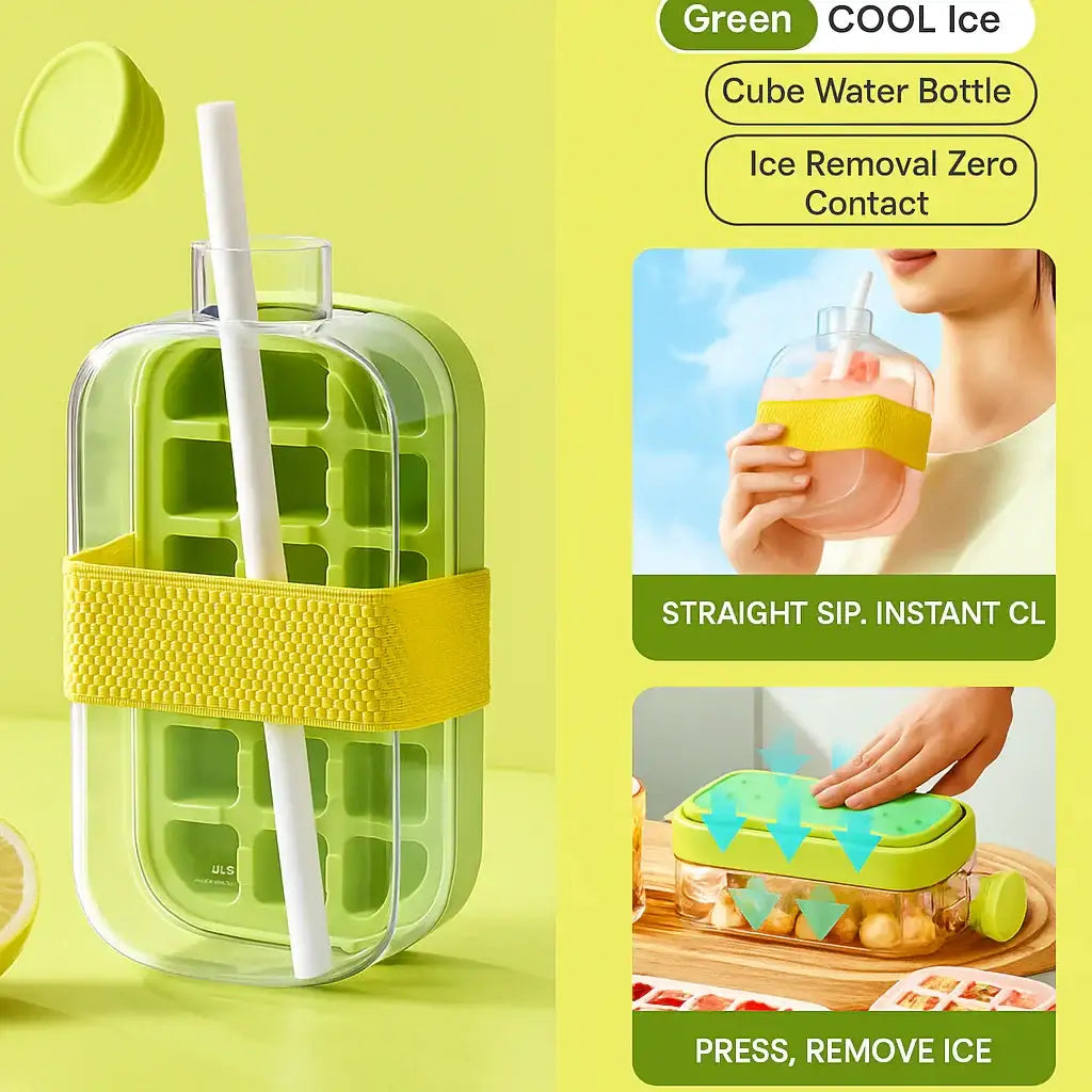 Portable Ice Cube Bottle with Straw – Press to Release, Leak proof, BPA-Free