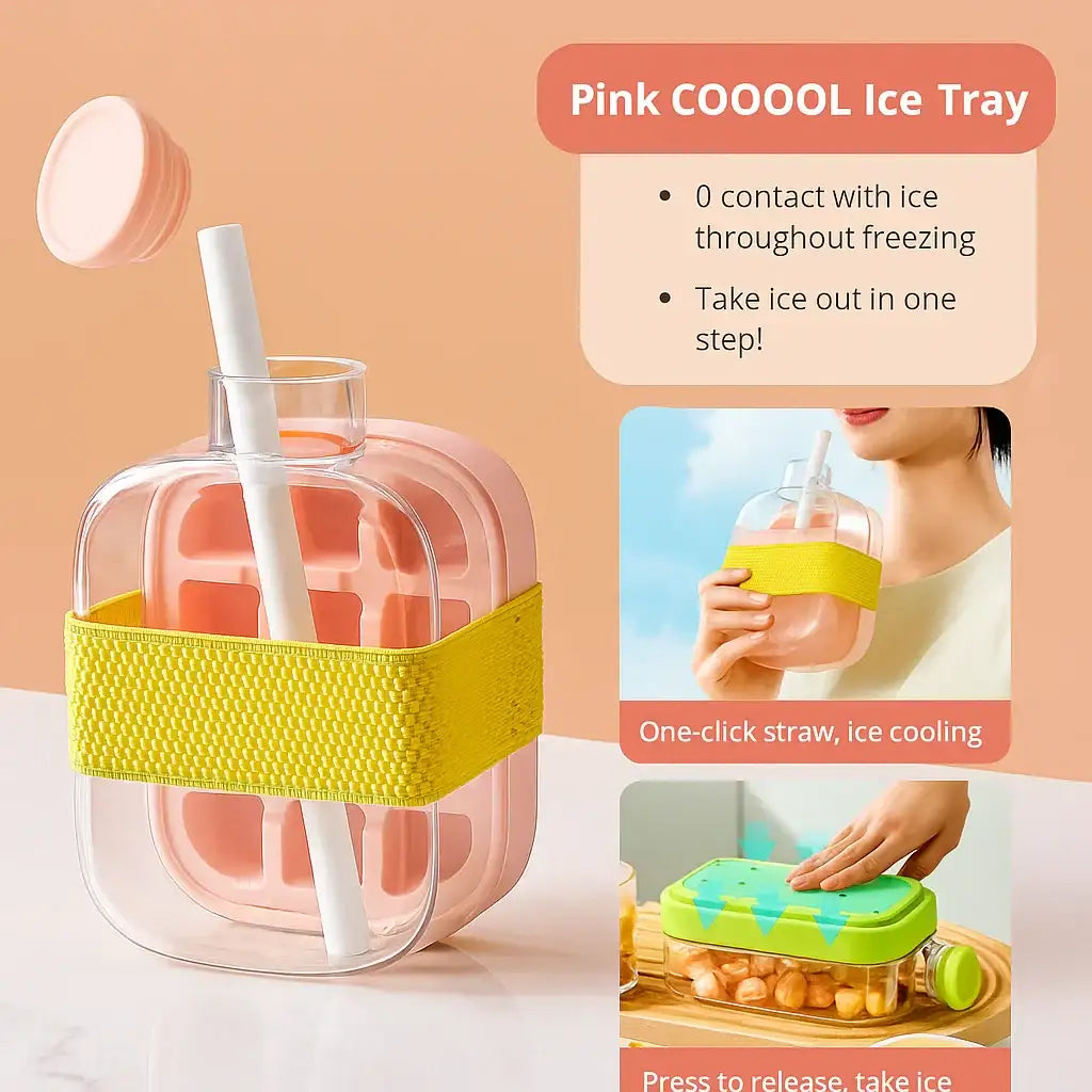 Portable Ice Cube Bottle with Straw – Press to Release, Leak proof, BPA-Free