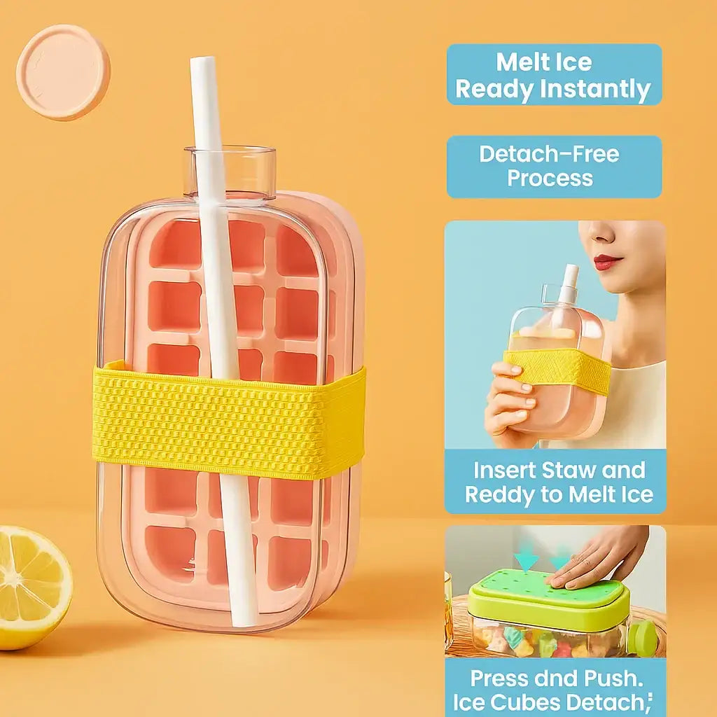 Portable Ice Cube Bottle with Straw – Press to Release, Leak proof, BPA-Free