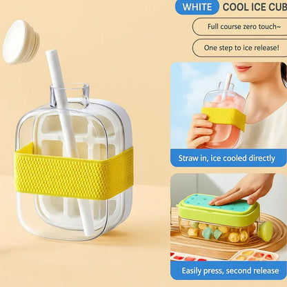 Portable Ice Cube Bottle with Straw – Press to Release, Leak proof, BPA-Free