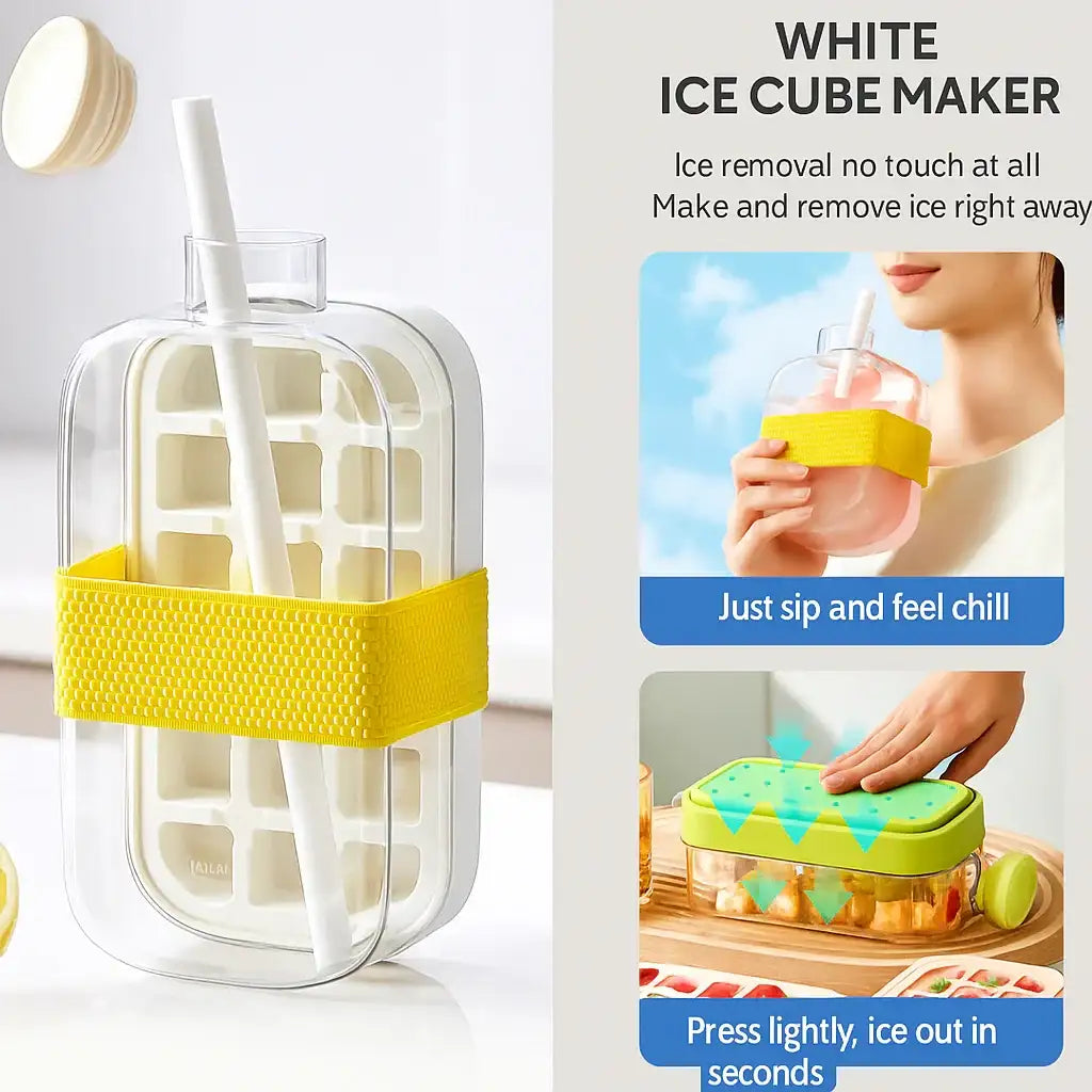 Portable Ice Cube Bottle with Straw – Press to Release, Leak proof, BPA-Free
