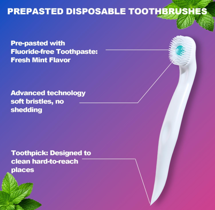 Mini Disposable Toothbrush, Pre-Pasted Toothbrushes with Toothpaste and Toothpick for Travel - Fluoride Free, No Rinsing Needed, Mint Flavor, Fresh Breath Anywhere Anytime