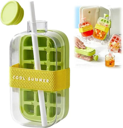 Portable Ice Cube Bottle with Straw – Press to Release, Leak proof, BPA-Free